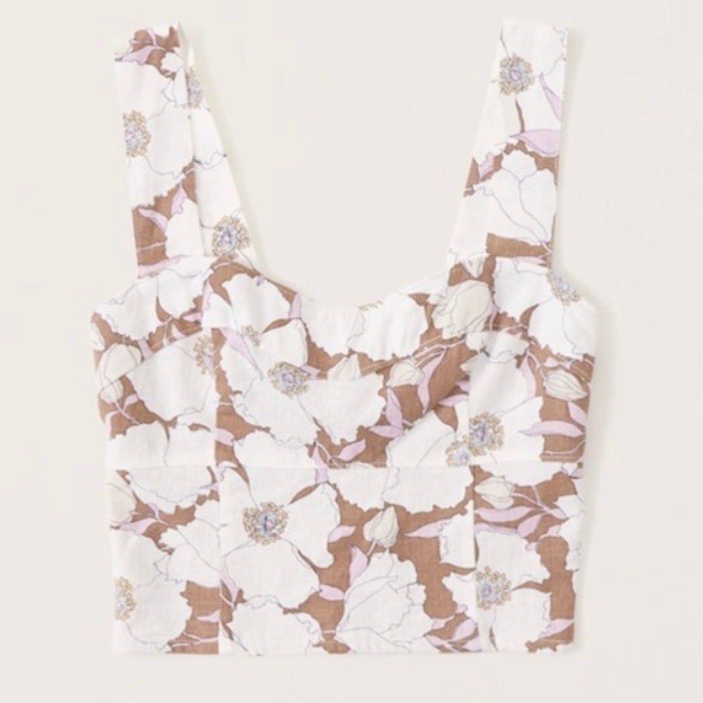 Abercrombie Linen-Blend Corset Top in Brown Floral, M